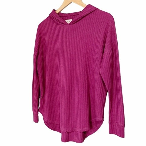 Chaser Waffle Knit Pullover Hoodie Curved Hem Top Raspberry Women’s Size Small - Picture 4 of 10